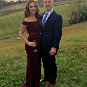 Xscape Burgundy off the shoulder gown Sz 2